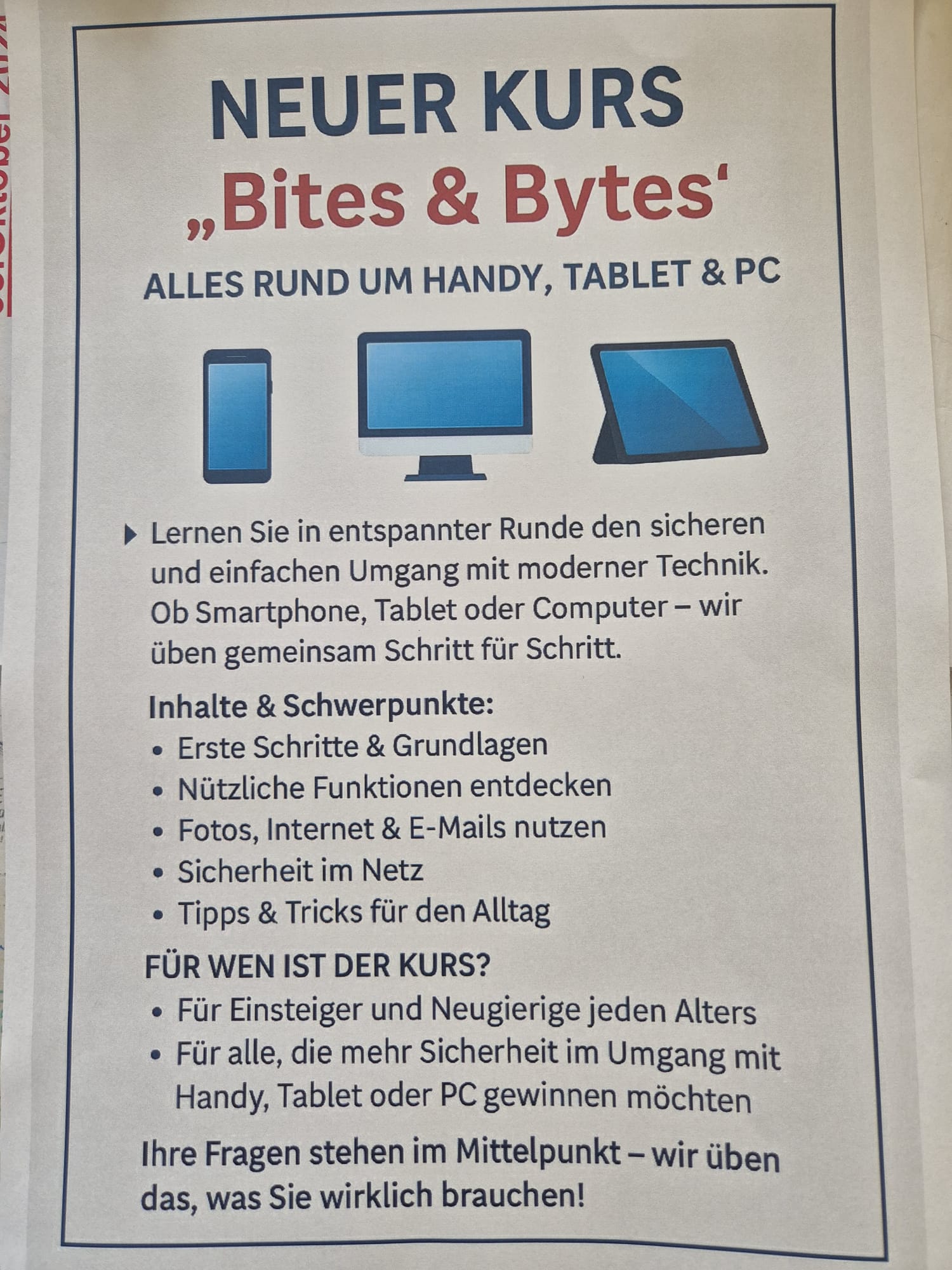 Mehr über den Artikel erfahren Neuer Kurs „Bites & Bytes“ – Alles rund um Handy, Tablet und PC